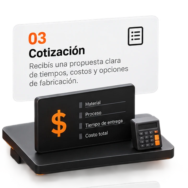 Cotización. Recibes precio y tiempo de entrega según material y cantidad.